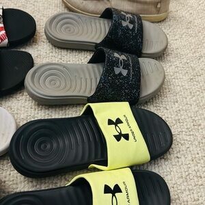 2 Under Armour Slides with a canvas tan slip on shoe cat and jack size 4
